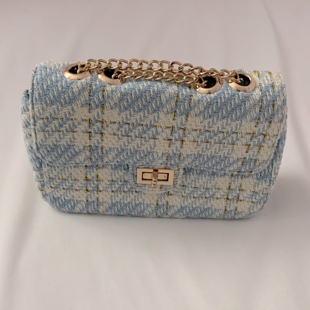 Blue and Yellow Houndstooth Retractable Chain Bag